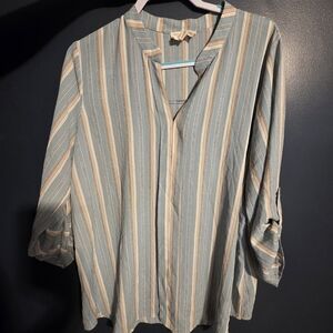 Striped V-Neck Blouse - Blue and Cream